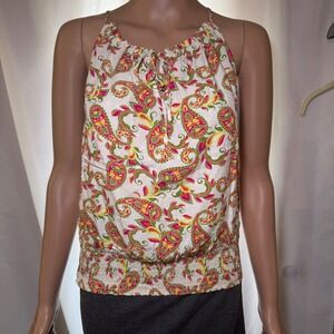 Rose + Olive Womens Paisley Halter Top Pink Green Smocked Blouson Dot Medium